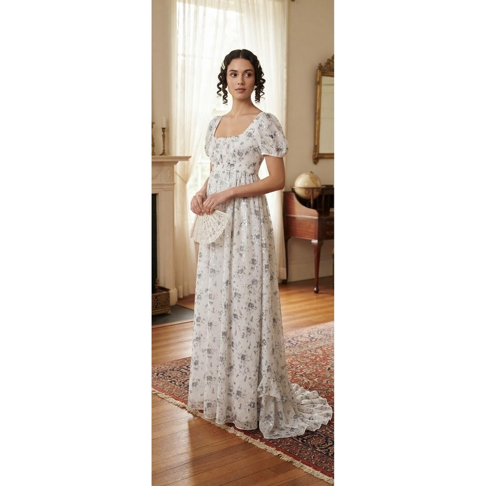 Bridgerton Regencycore Gown SM White Floral Empire Waist Puff Sleeve Maxi Dress